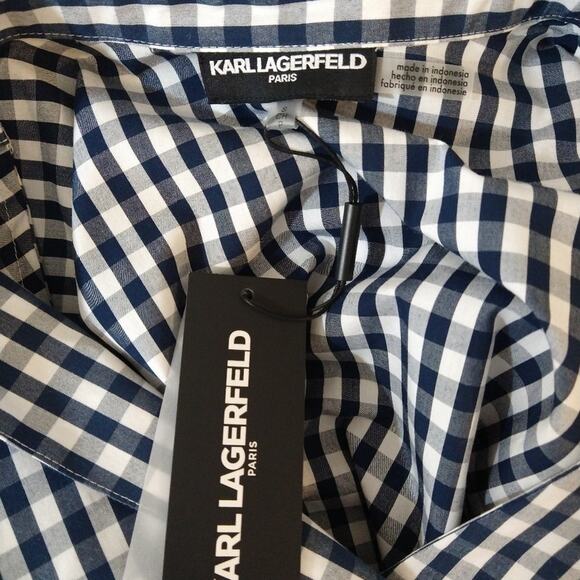 E Karl Lagerfeld Blue White Gingham Plaid Cottage Embroidered Top Shirt NWT S - Picture 6 of 9